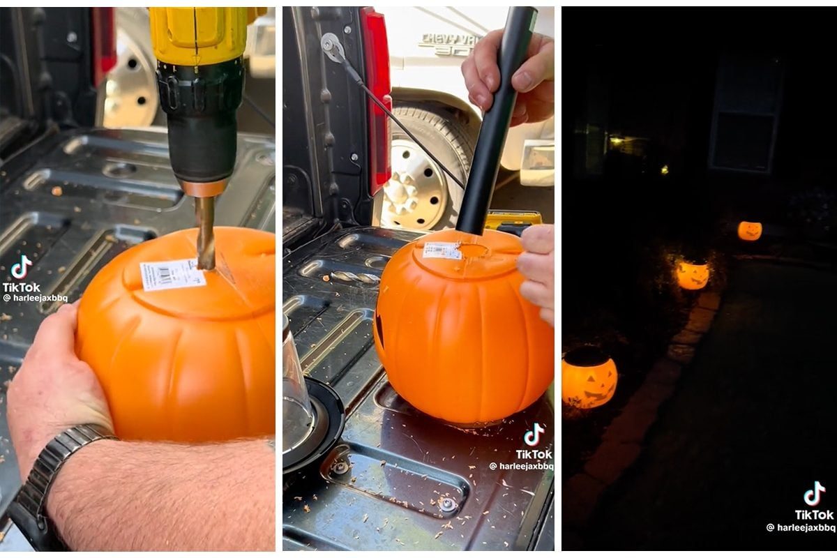An orange pumpkin has a drill creating a hole on top, then a light is inserted. Lit pumpkins line a pathway at night.