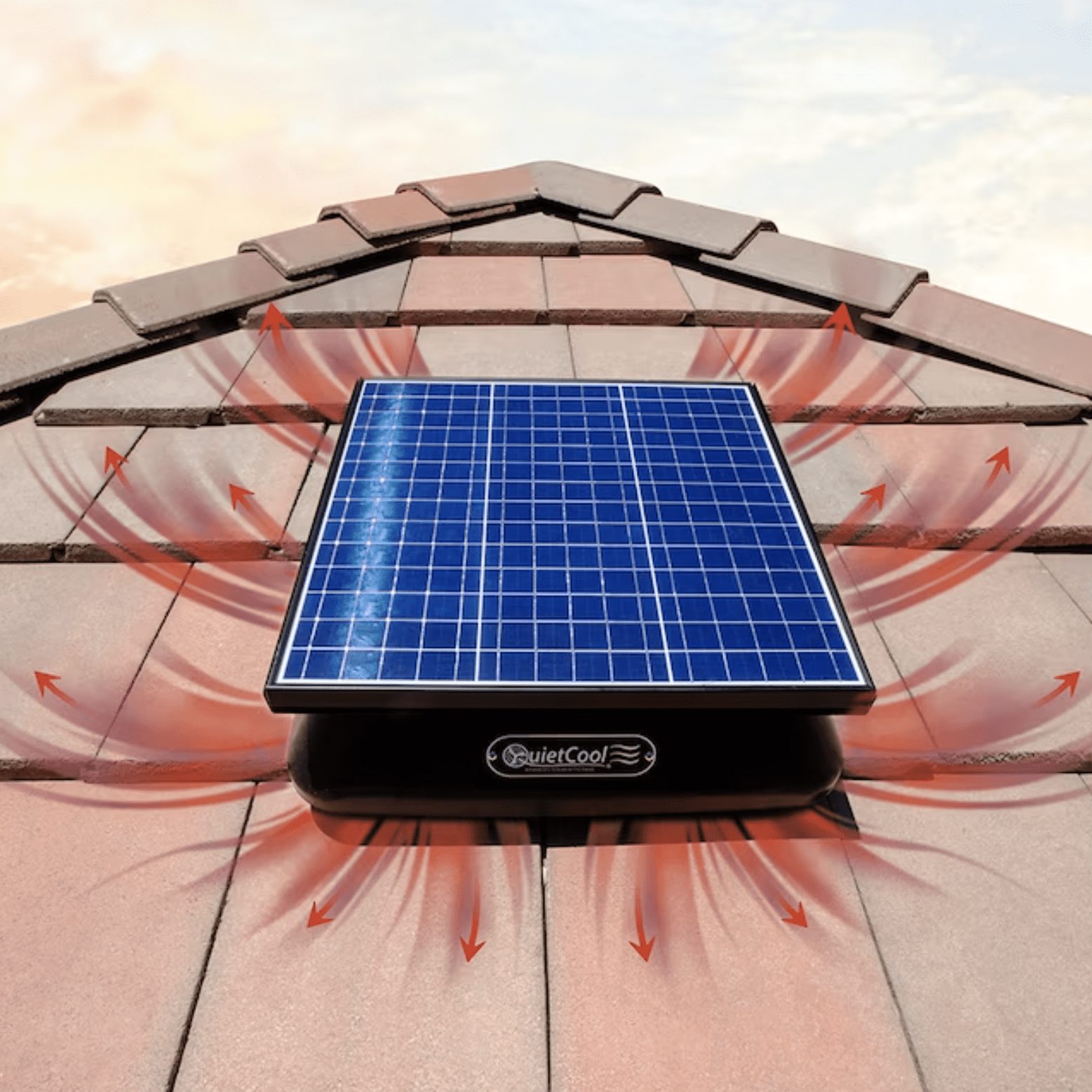 A solar panel sits atop a sloped roof, powering airflow around it, creating a cooling effect in the warm, outdoor environment.