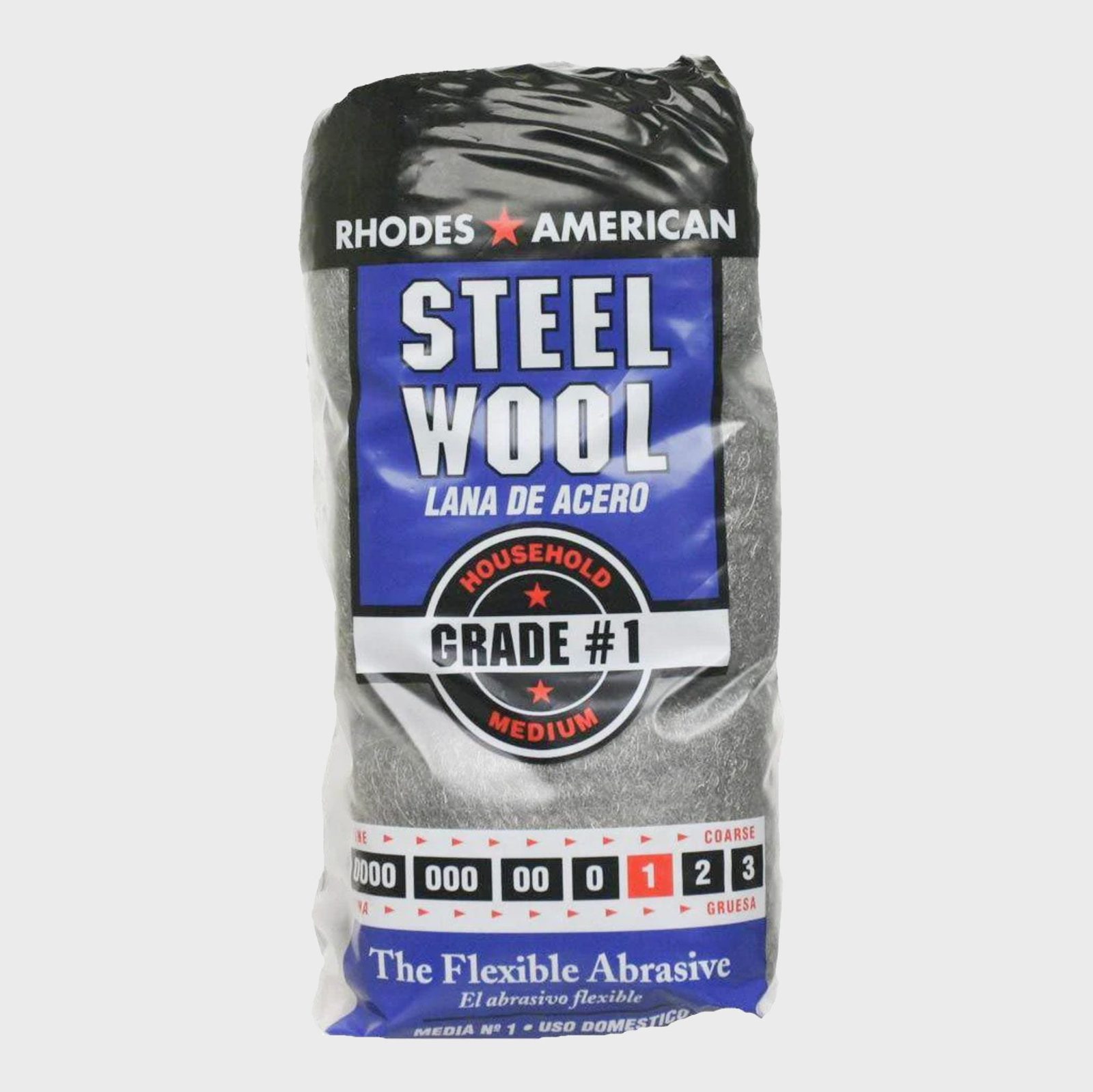 A bag of steel wool is displayed, labeled as household grade #1, indicating its medium texture for versatile cleaning and scrubbing tasks.