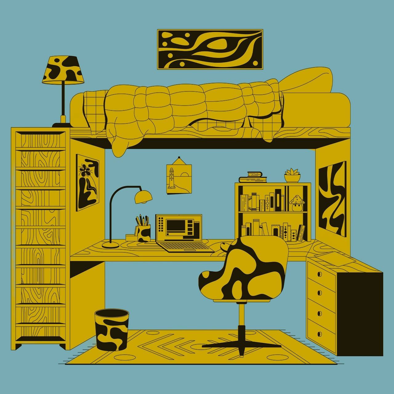 Eclectic loft bed outline illustration. Student study desk with laptop, wall art, lamps, books, modern chair. Cozy nook furniture 2D line sc