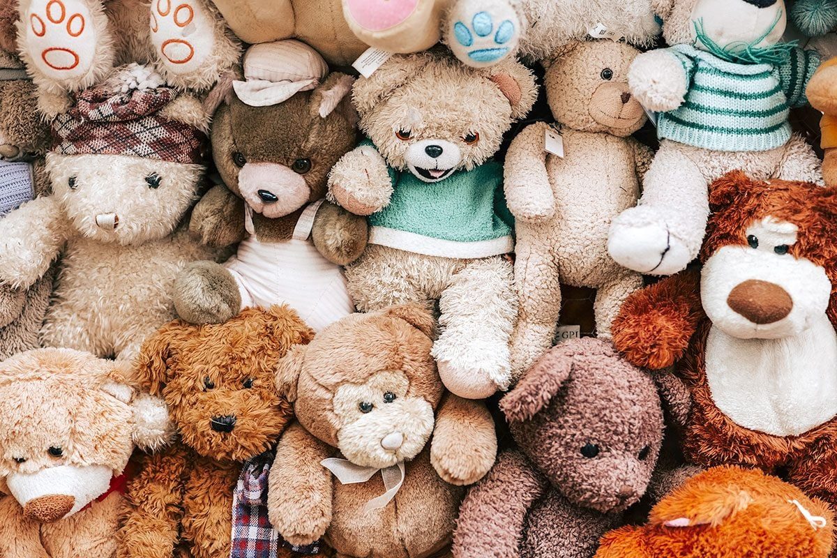 A collection of stuffed animals.
