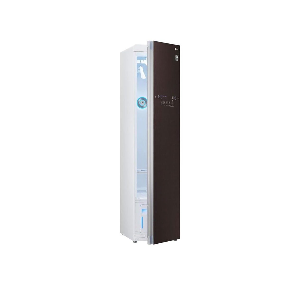 A sleek, tall refrigerator stands upright with one door open, showcasing a bright interior and control panel on the side, against a plain wh