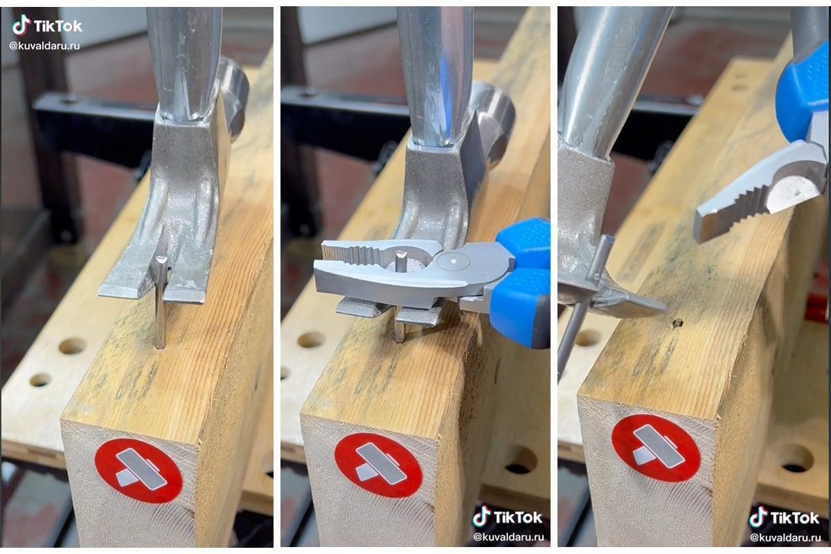 A metal tool positions a nail, then pliers grip and extract it from a wooden surface, with a prohibition symbol sticker visible nearby.