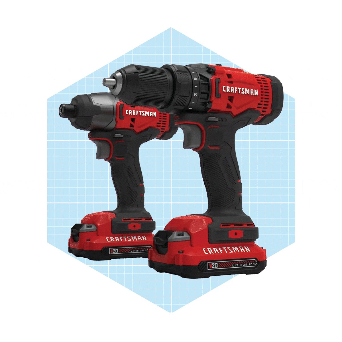 Two red and black cordless drills are shown, positioned side by side. They rest on a light blue grid background, emphasizing their design an