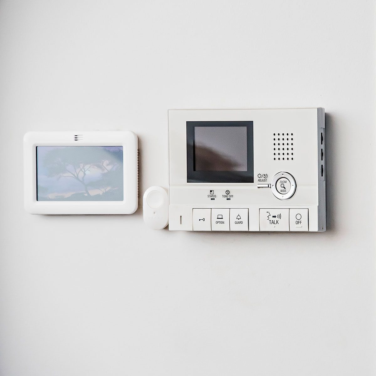A wall-mounted video intercom system displays a small screen and various buttons, next to a separate flat screen showing a tree silhouette.