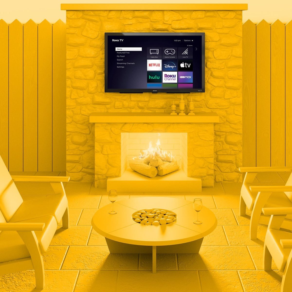 A television displays streaming options above a glowing fireplace, surrounded by a circular table and seating in a cozy, warmly colored room
