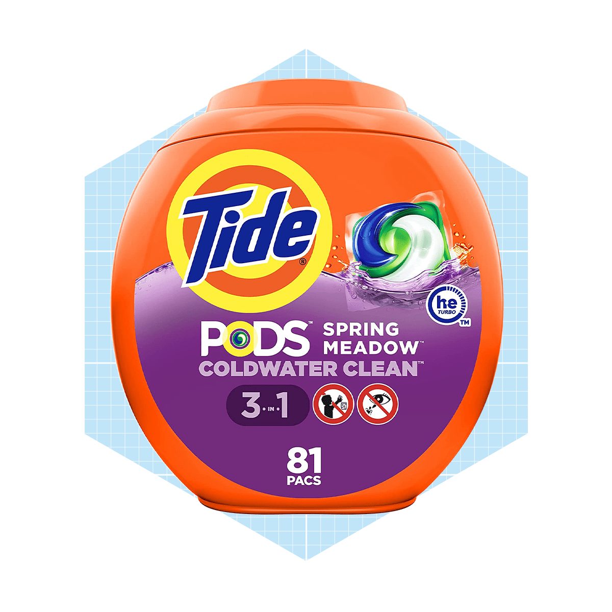 A round orange container labeled "Tide PODS" holds laundry detergent packets, featuring a green and blue swirl. It emphasizes cold water cle