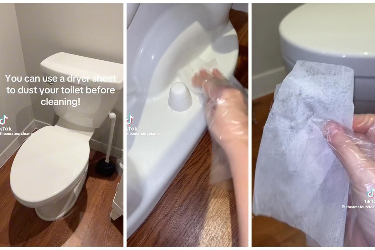 Three screenshots of a video demonstrating how to clean a toilet with a dryer sheet: shot of the toilet, a clear gloved hand scrubbing the t