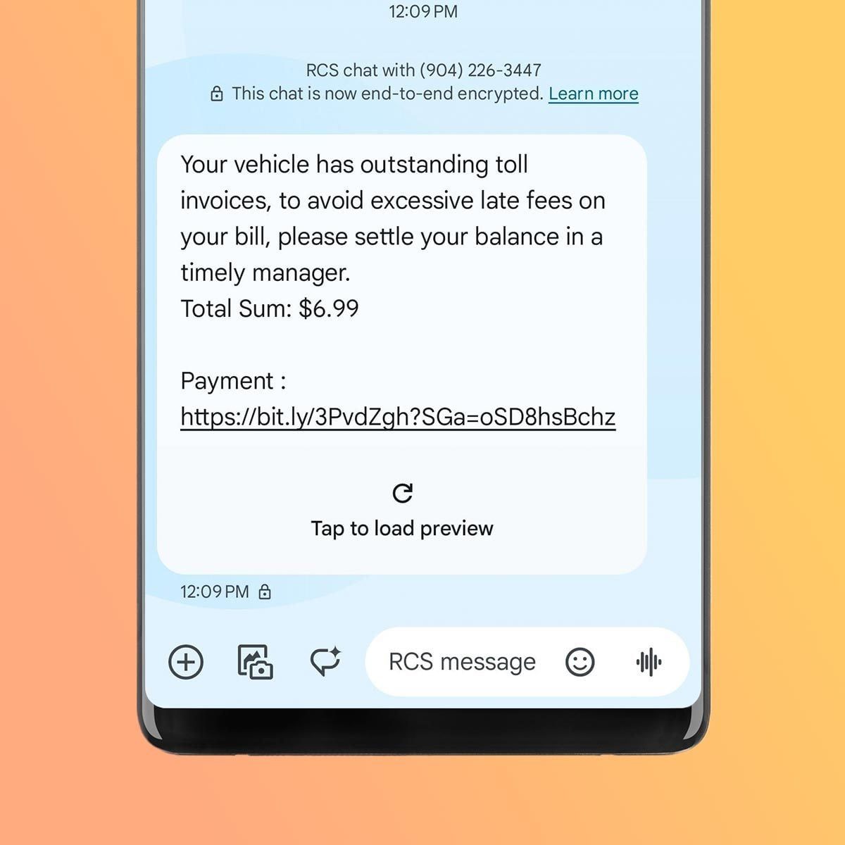 A scam text on Android that says "Your vehicle has outstanding toll invoices, to avoid excessive late fees on your bill, please settle your