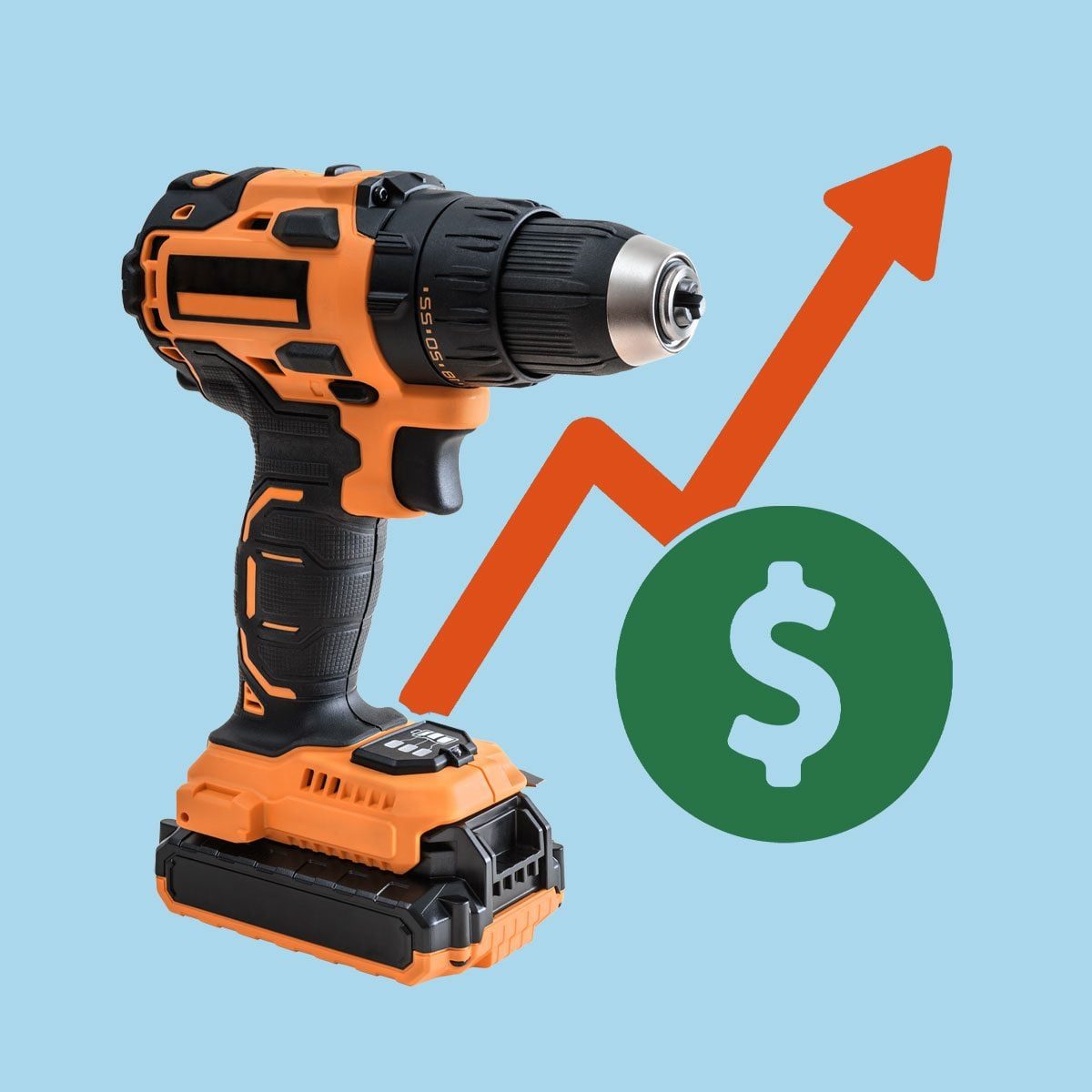 Power drill, dollar icon and upward arrow icon arranged ona blue background