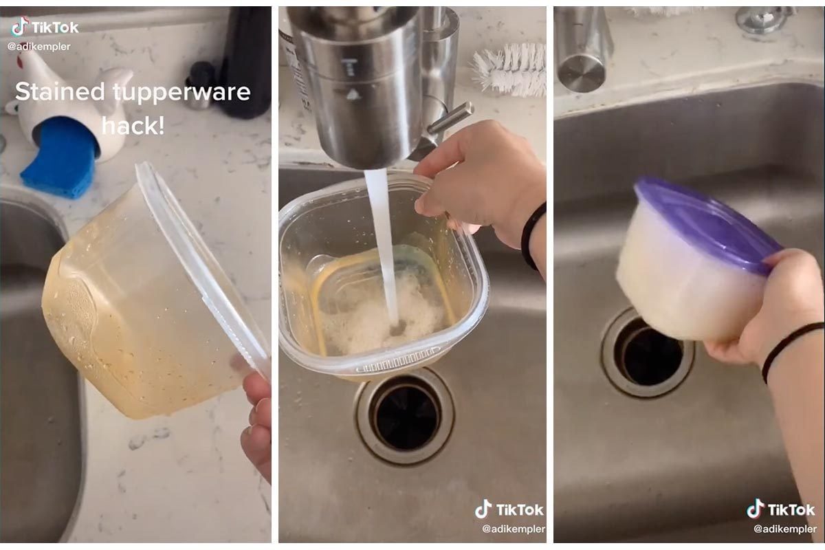 Three screenshots of a TikTok about how to clean Tupperware: Displaying a stained Tupperware container, filling it with water, and shaking i