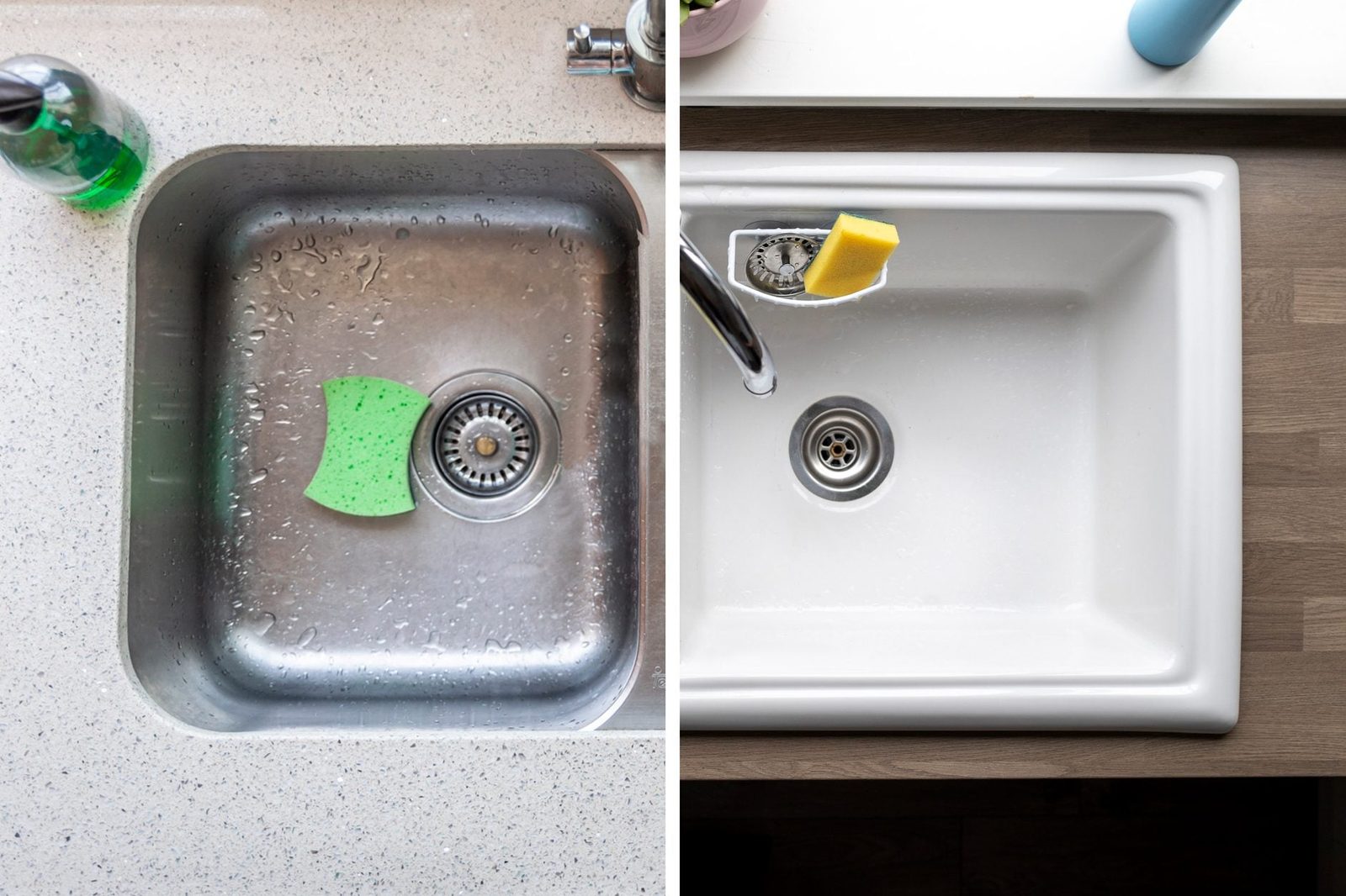 Two sinks side by side: one metal with a wet green sponge, the other white with a dry yellow sponge, set against a wood surface.