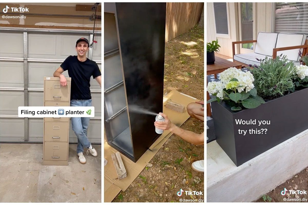 A person transforms a filing cabinet into a planter, spray painting it in a yard, then showcases the finished planter filled with flowers.
