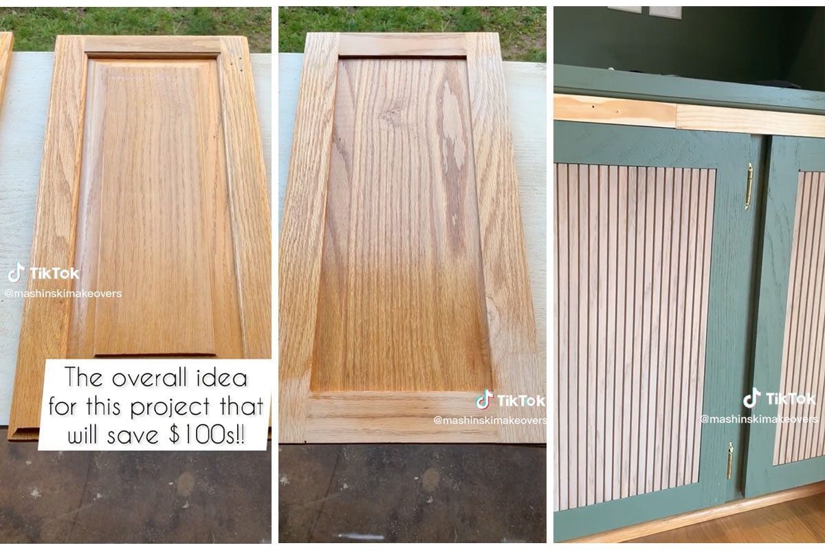 Three wooden cabinet doors are displayed, one showing a natural finish, the second with a slightly different shade, and the third highlighti