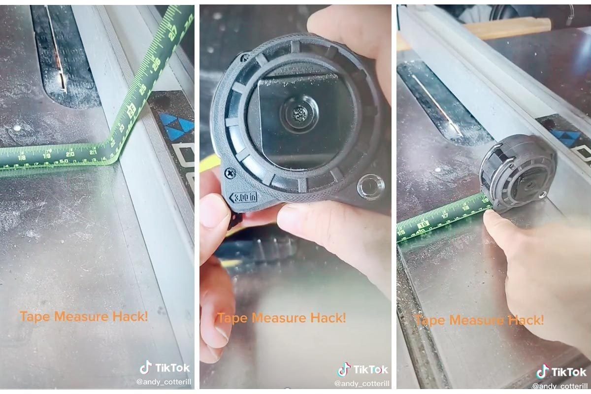 A tape measure is extended and adjusted next to a handheld tool, demonstrating a measuring technique on a work surface covered in dust.
