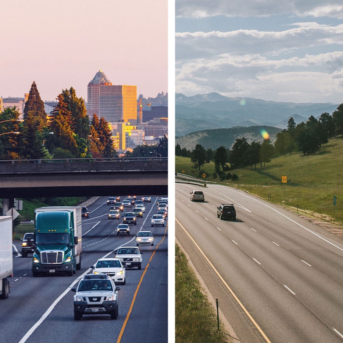 Side by image of two cities, Vehicle on the road on both the cities