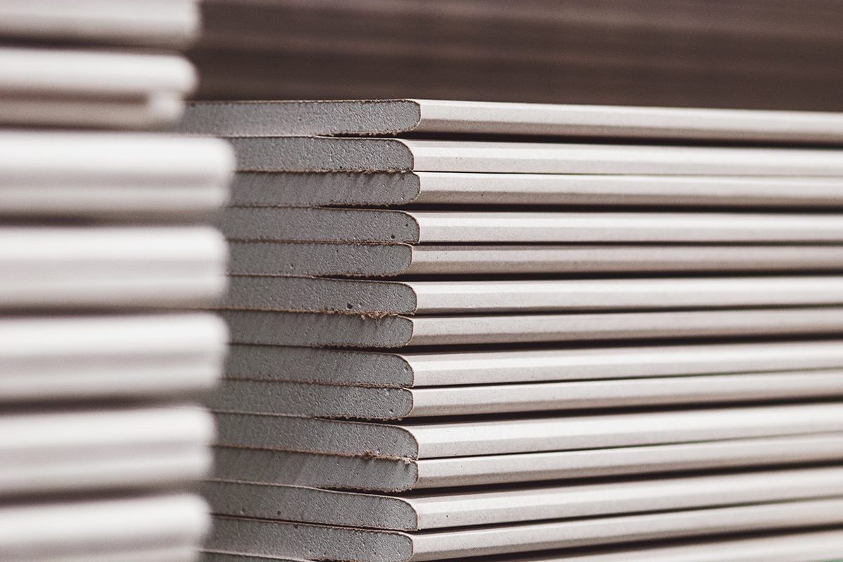 Wallboards Plasterboard Drywall Standard Gypsum Panels Stacked In Hardware Store Closeup