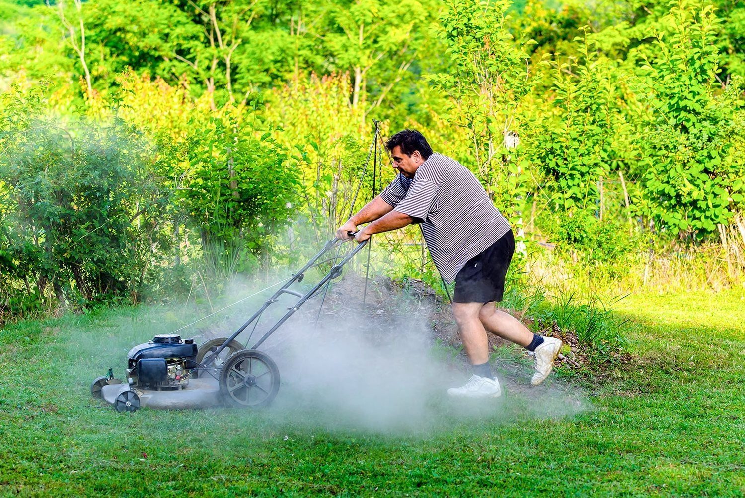 Mature Adult Taking Care of his Backyard and Mowing the Grass