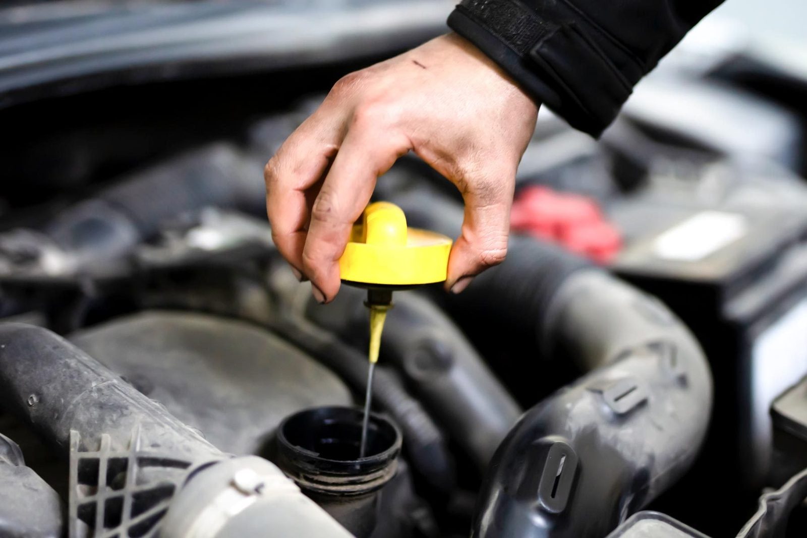 A person checking motor oil in his car