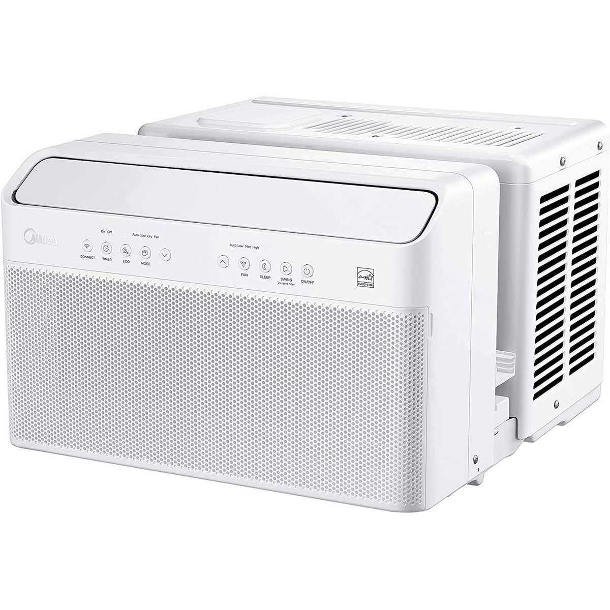 A white air conditioning unit sits prominently, featuring buttons for operation, while its vents indicate airflow, designed for indoor clima