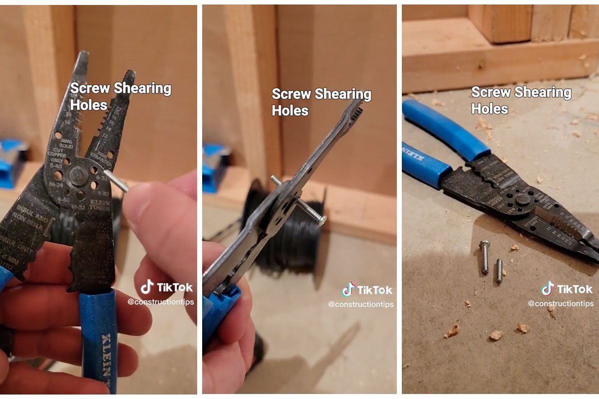Pliers grip a metal screw, shearing it while surrounded by wood and scattered debris in a workshop setting, demonstrating a tool technique.