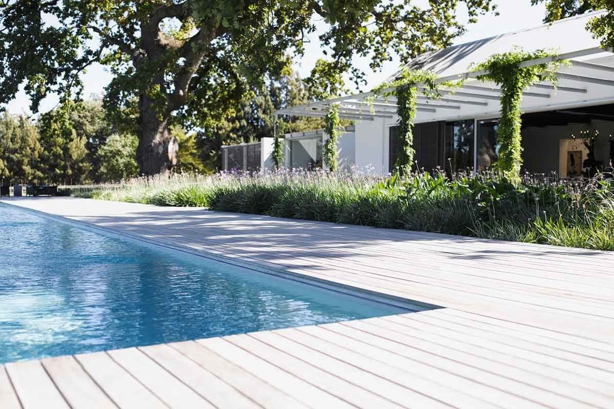 A sleek swimming pool reflects sunlight beside a wooden deck, surrounded by greenery, leading to a modern house with large windows.