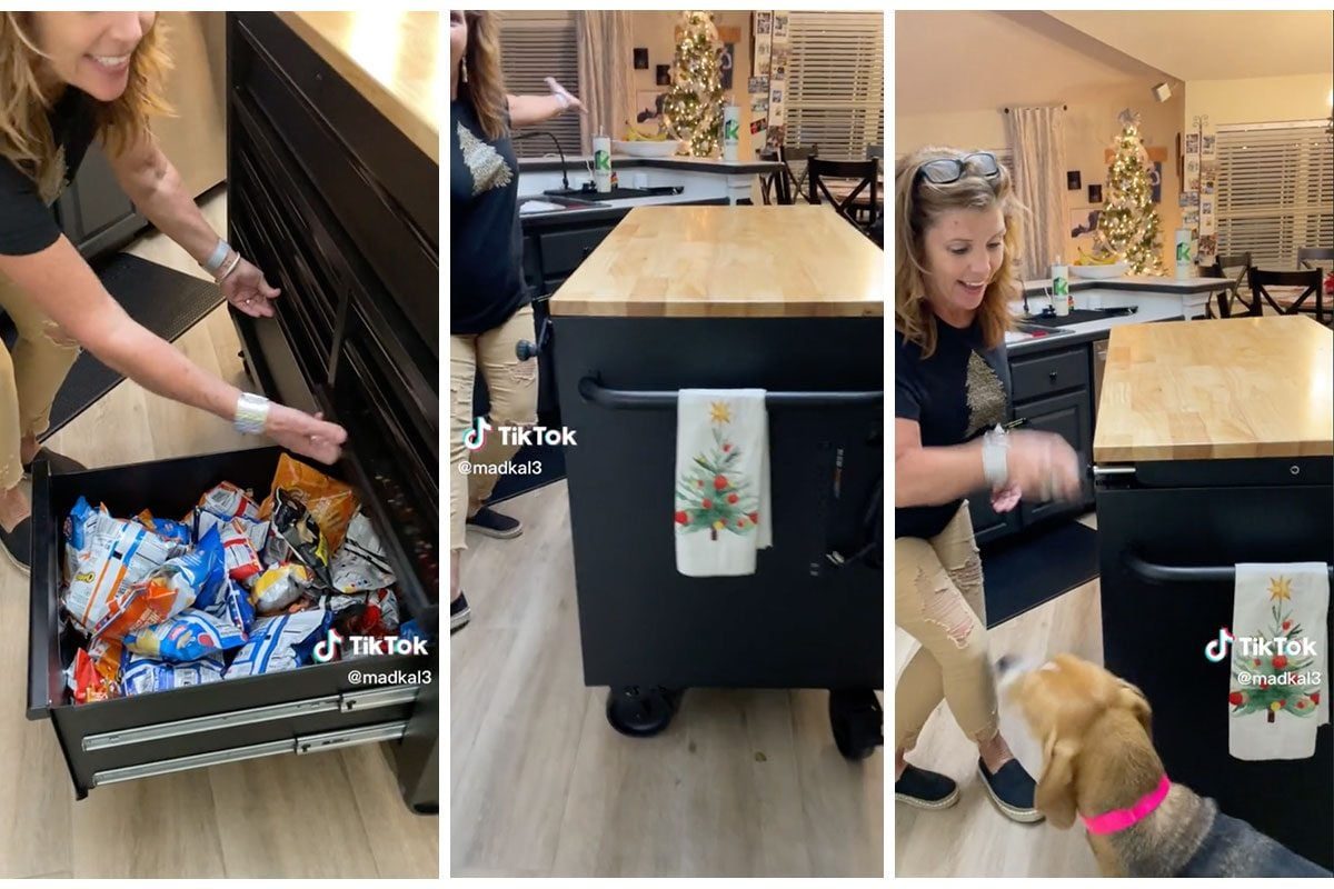 A woman opens a drawer filled with snacks in a kitchen, while a dog approaches her, and a decorated Christmas tree is visible in the backgro