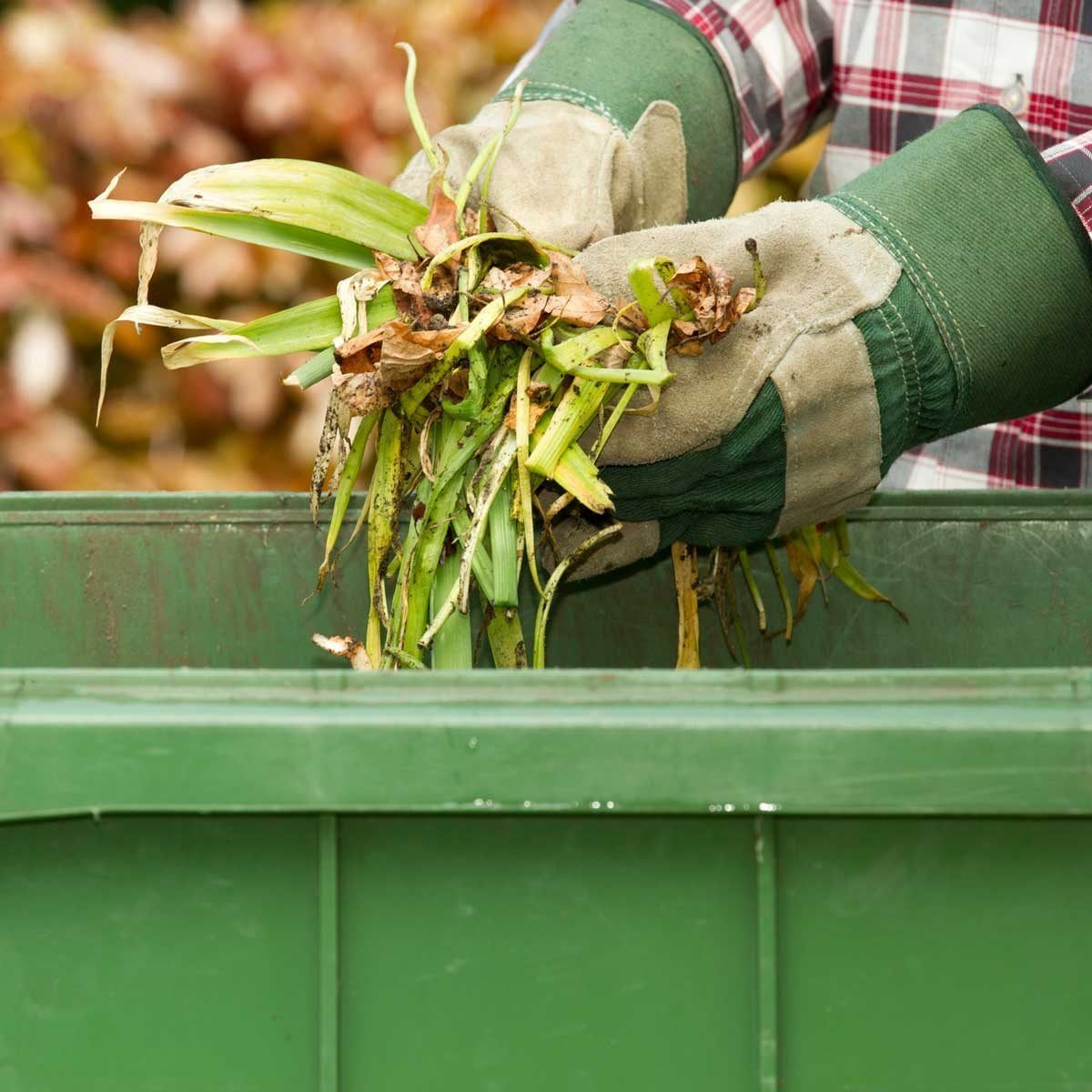Gloved hands hold a handful of garden waste, dropping it into a green container amidst a backdrop of blurred foliage.