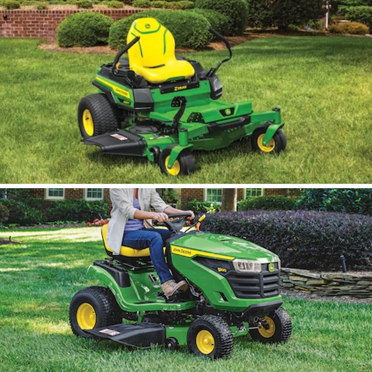 Two riding lawn mowers are shown: one stationary on grass and another in use. The settings feature landscaped lawns with hedges and decorati