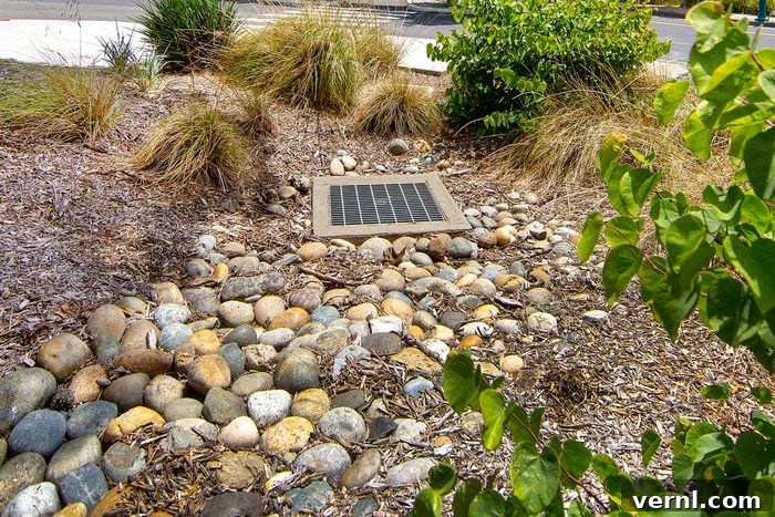 A Bioswale In A Public Park Constructed Of Dirt, Tree Bark, Rocks And Drought Resistant Plants