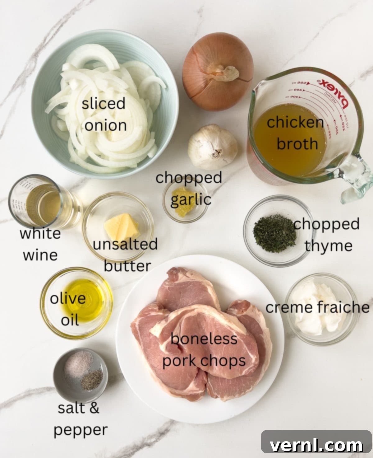 Χοιρινές Μπριζόλες Ξινής Κρέμας 3 sour cream pork chops ingredients with labels.