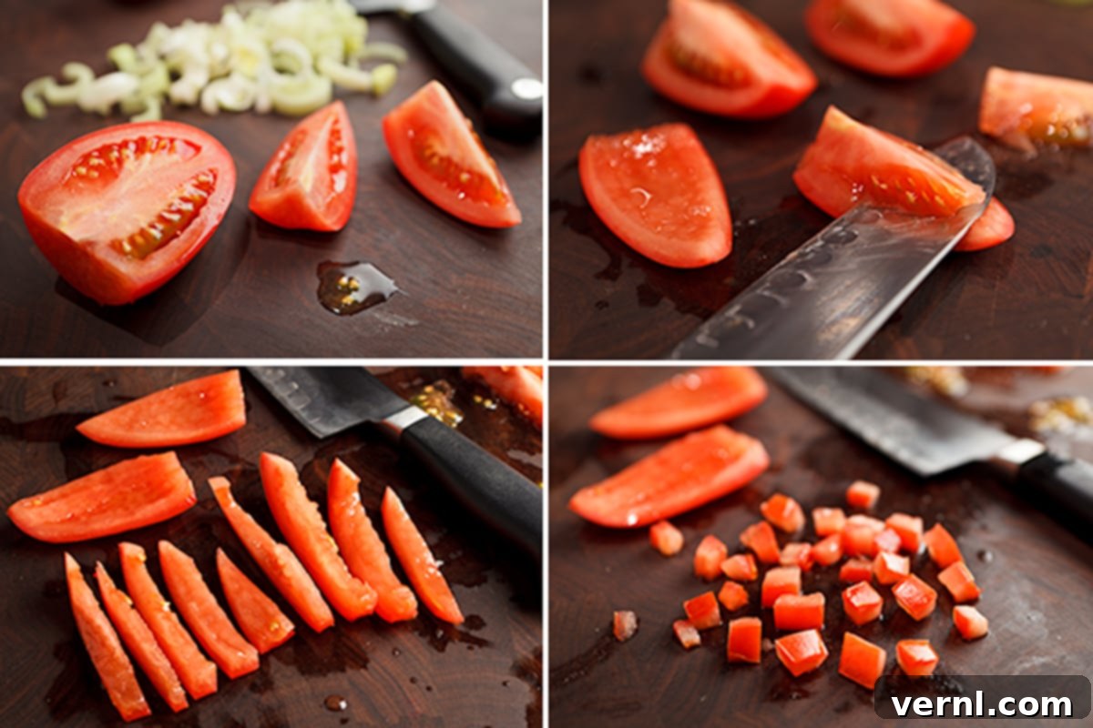 Tomato Process Τέσσερα βήματα για το πώς να κόψετε ντομάτες σε κύβους, σε μια επιφάνεια κοπής από καρυδιά.