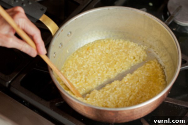 Risotto Milanese -6949 Μαγείρεμα ριζότο σε τηγάνι, που δείχνει πότε να προσθέσετε περισσότερο ζωμό.