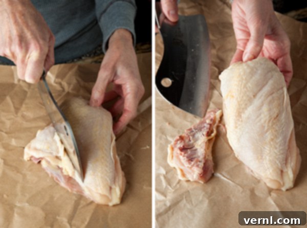 Roast Chicken - Trimming bone-in chicken breasts of side ribs with a cleaver on brown paper.