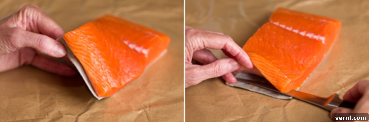 Asian Salmon Process 1 Επίδειξη αφαίρεσης πέτσας από φιλέτα σολομού με μαχαίρι φιλεταρίσματος.