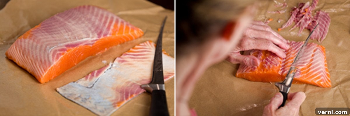 Black and White Sesame Crusted Salmon Process-2 Επίδειξη αφαίρεσης της σκούρας αιμοφόρου γραμμής από την κάτω πλευρά του σολομού.