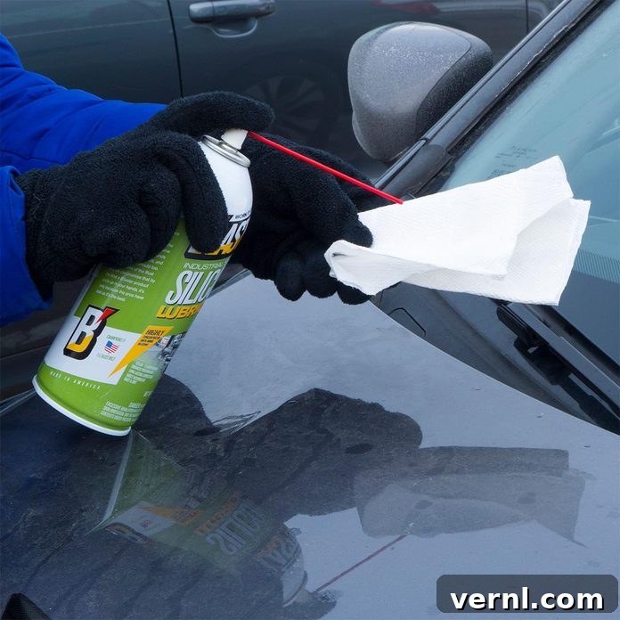 Applying spray silicone lubricant to windshield wiper blades for quiet operation in winter