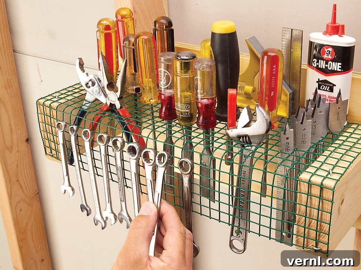 Hardware Cloth Tool Organizer 2 DIY wire mesh tool organizer with hand tools