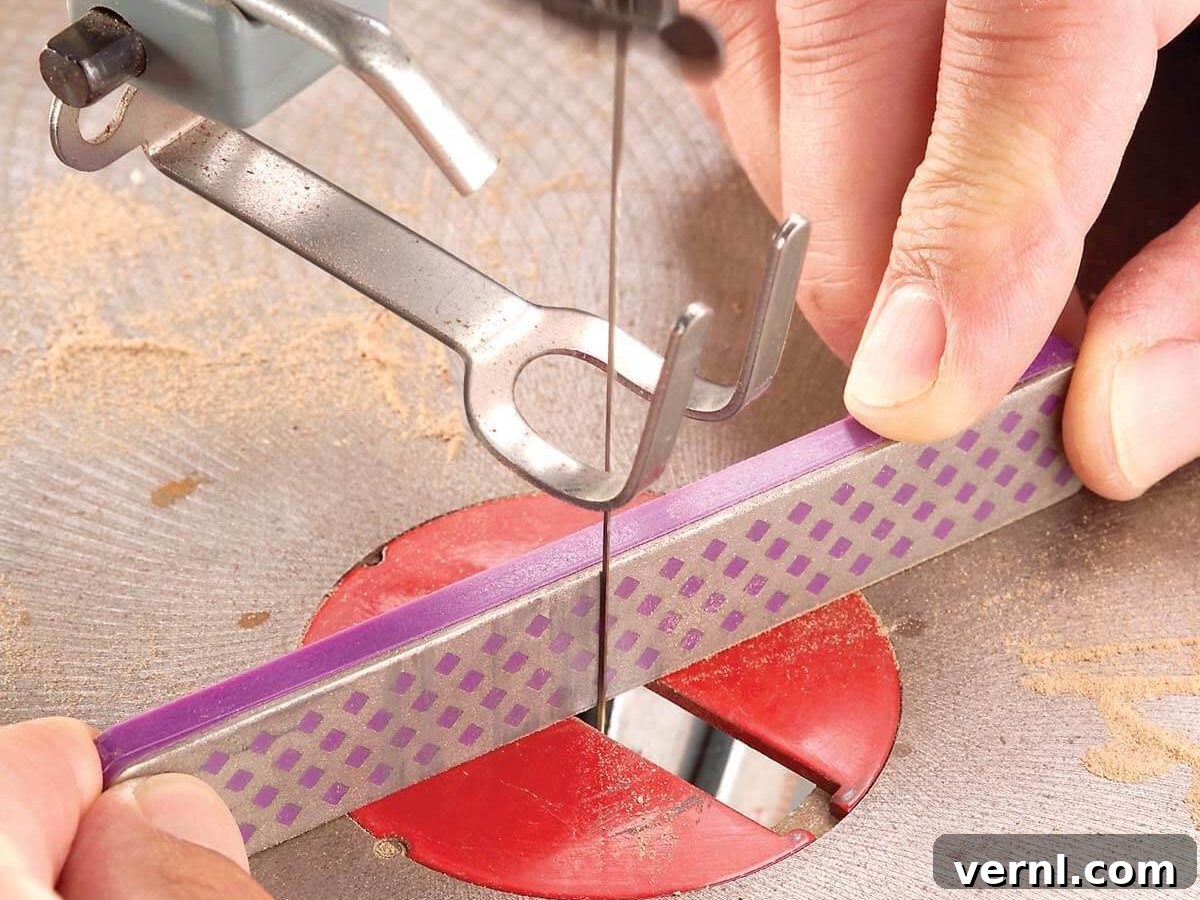 A detailed close-up of a bandsaw blade and guide, illustrating precision woodworking techniques