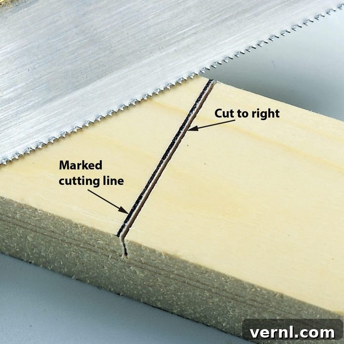Close-up of a wood board being cut with a circular saw, precisely positioned beside a marked cutting line
