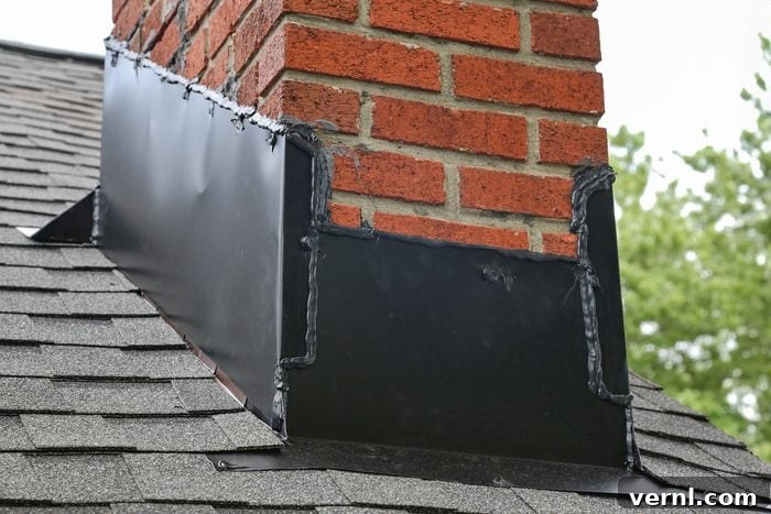 Flashing Explained: Common Types and How They Function 2 Flashing under a chimney on a roof.