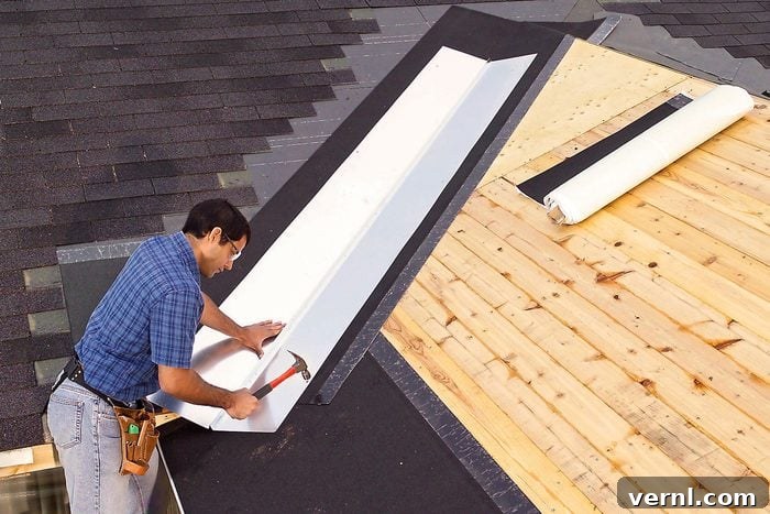 Flashing Explained: Common Types and How They Function 8 A man can be seen installing valley flashing on a roof