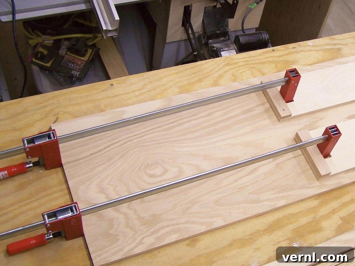 Plywood Clamp Extenders in action, extending the reach of bar clamps for wide panel glue-ups.