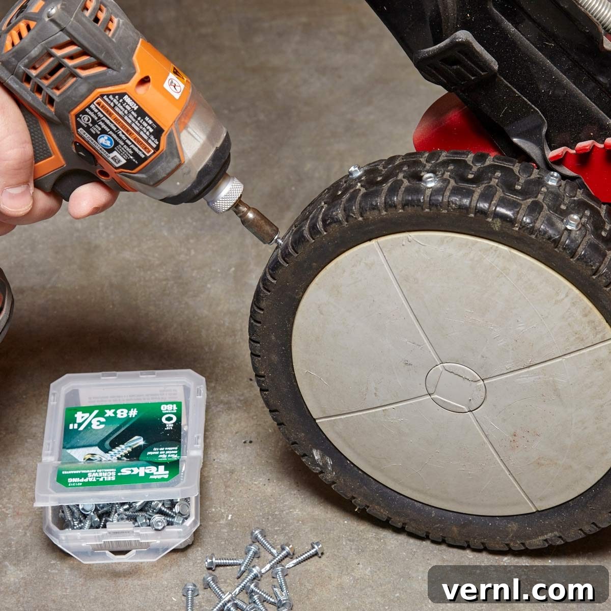 Maximum Mower Traction 2 Self-tapping screws in lawn mower wheels for improved traction