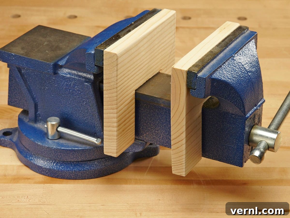 Adaptive Work Vise 2 A metalworking benchtop vise with custom-made wooden pads attached to its jaws, used for safely clamping woodworking projects and protecting delicate surfaces.