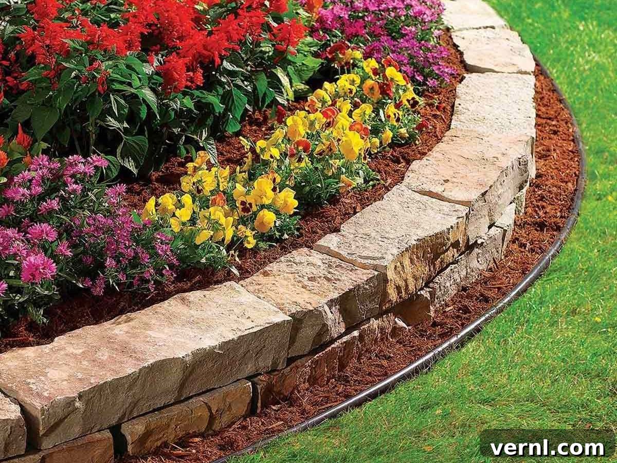 Garden Edging: The Simple Secret to a Stunning Landscape 6 A raised garden bed border constructed from natural stones, adding texture, depth, and a strong visual division to the garden.