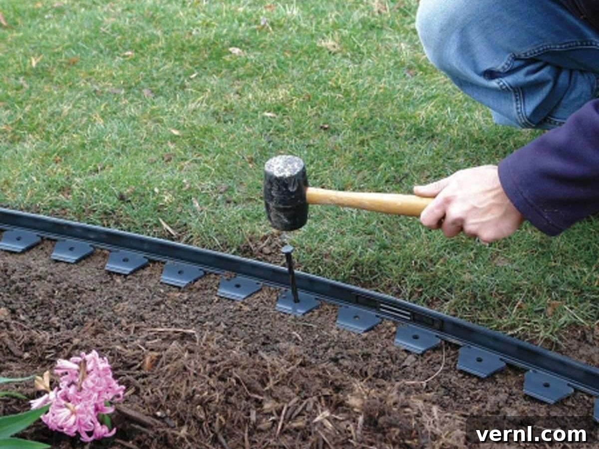 Garden Edging: The Simple Secret to a Stunning Landscape 7 Flexible black plastic edging discretely installed to separate a manicured lawn from a flower bed, offering an affordable boundary.