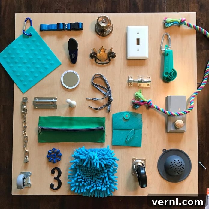 Craft a Toddler Busy Board from Everyday Essentials 4 A variety of colorful and interactive busy board elements, including latches, zippers, and switches, are neatly arranged on a wooden board, illustrating the crucial planning and design phase of the DIY project.