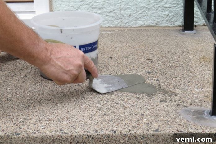 UGL NuDeck Concrete Solutions 5 Applying concrete patch to fill deep pockmarks on old concrete stairs.
