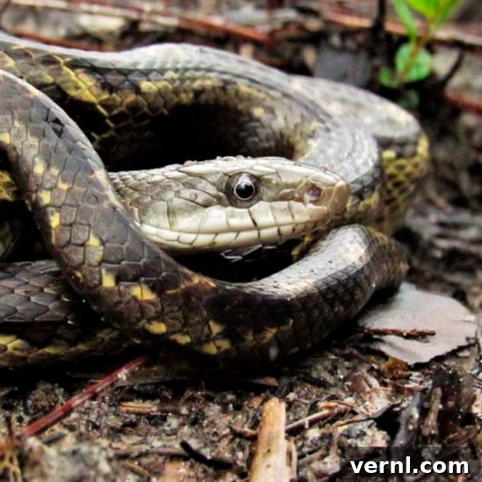 Snake-Proof Your Property 3 A garden snake camouflaged in green leaves.